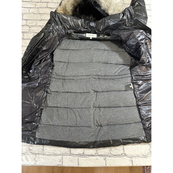 Calvin Klein Women's Puffer Coat M Black Glossy Removable Hood Faux Fur Trim - Picture 14 of 16